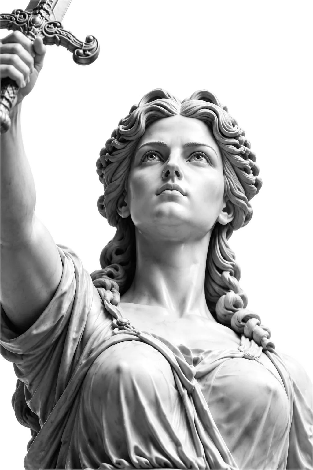 Close view of the statue’s face, eyes open and looking upward, her raised arm beside her.