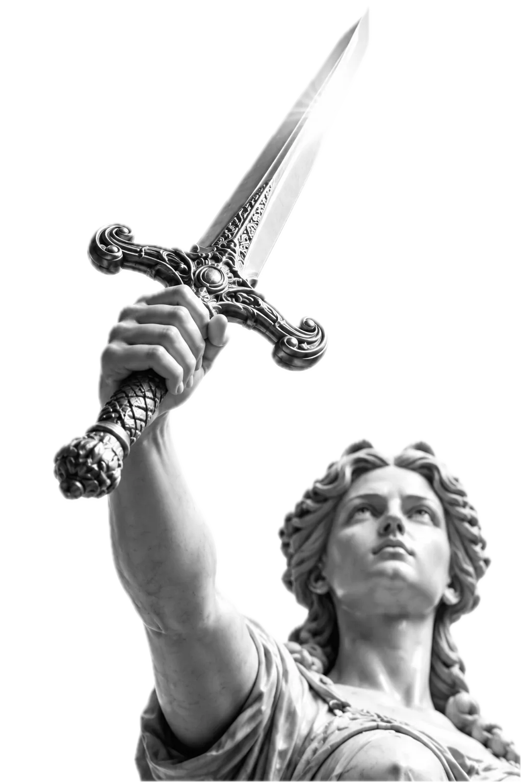 The statue’s raised hand, gripping the sword, its blade pointing up.