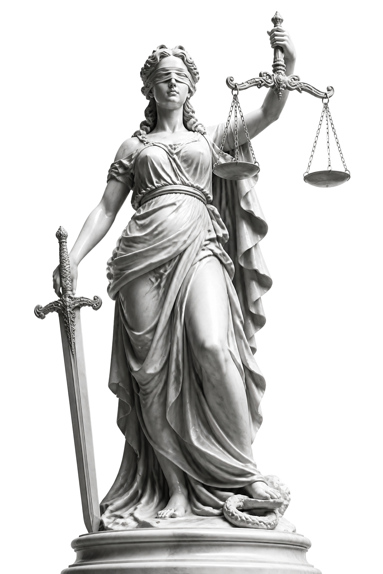 Marble statue of Lady Justice — blindfolded, holding balanced scales aloft, a sword resting point-down at her side